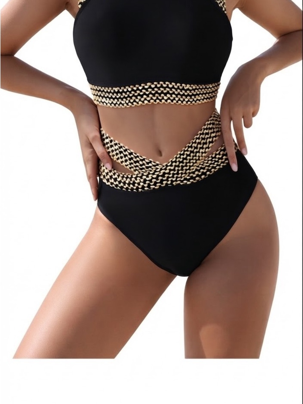 Black & Gold Strappy High Waist Bikini Swimsuit